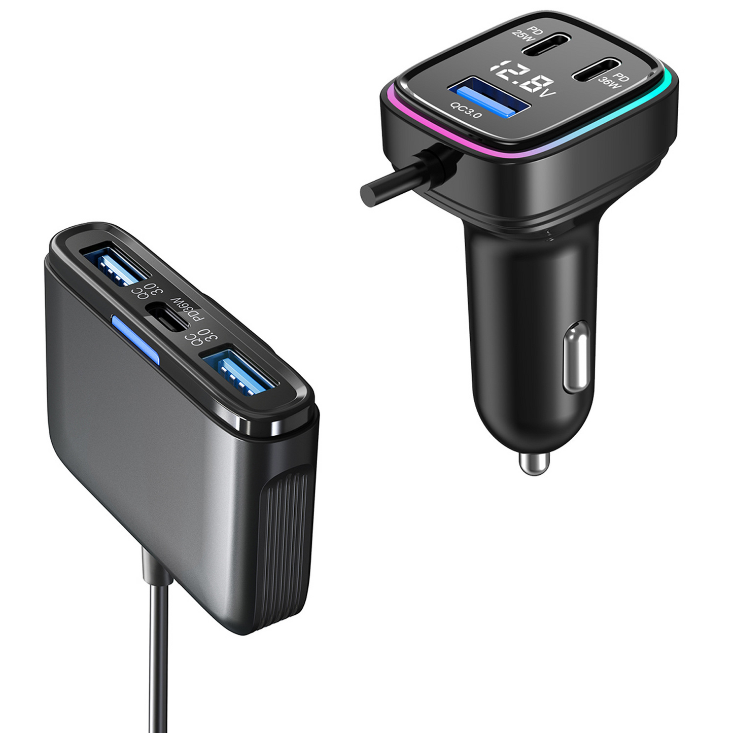 Car charger fast charging 115W high power output one to six atmosphere lights, voltage digital display